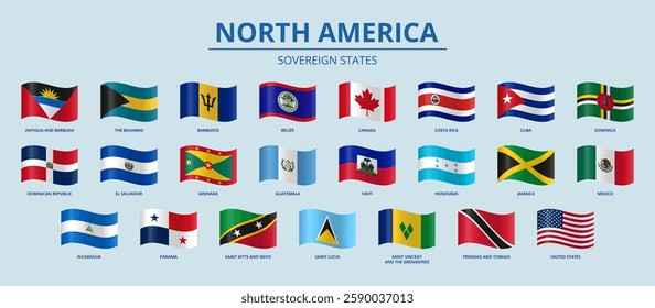 Wavy flags of North America countries.