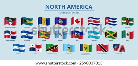 Wavy flags of North America countries.