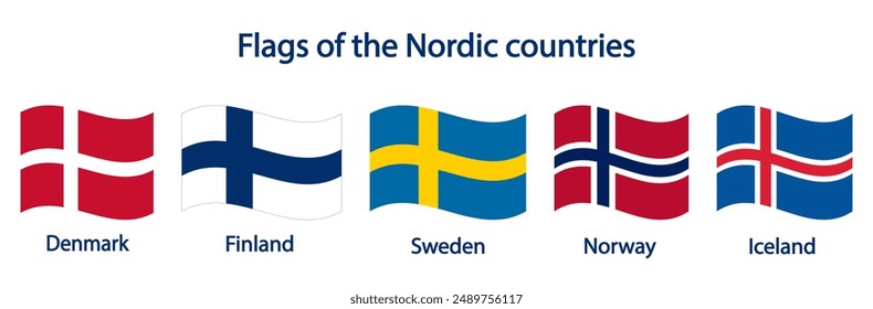 Wavy flags of Scandinavian countries isolated on a transparent background. Collection of flags of Denmark, Finland, Sweden, Norway, Iceland. Vector illustration