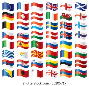 Wavy flags set - Europe. 48 Vector flags.