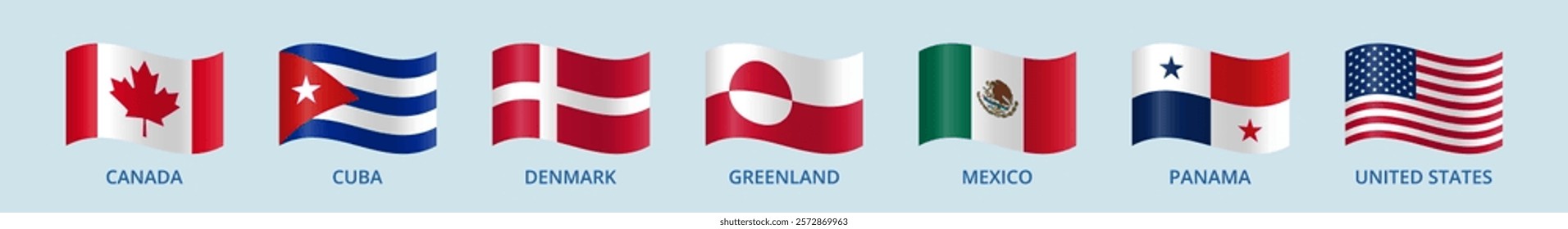 Wavy flags of the USA, Greenland, Denmark, Mexico, Panama, Cuba and Canada.	