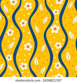 Wavy Floral and Leaf Seamless Pattern on Yellow Background
