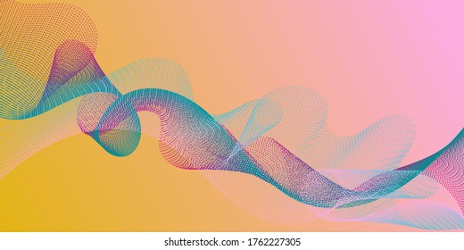Wavy flowing lines on gradient background. Gradient curves flow effect illusion fancy background. Abstract curl lines ripple texture design. Colorful fashionable poster smoky vector pattern.