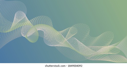 Wavy flowing lines on gradient background. Contemporary vector graphics with bent waves. Abstract curl lines ripple texture design. Scientific researches dynamic curves web trendy background.