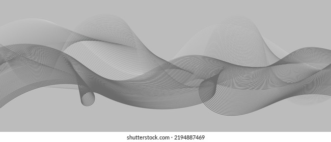 Wavy fluid, thin waves, abstract lines. Wide horizontal geometric background. Vector illustration