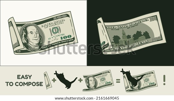 Wavy folded\
american 100 dollar banknote with front and reverse side. Falling,\
flying banknote. Cash money. Divided into two parts to design easy.\
Detailed vector\
illustration