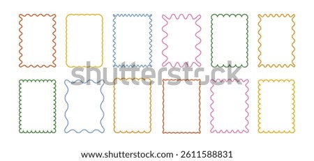 Wavy frame. Abstract waved shape boards. Retro colorful rectangle with outline curly, curvy photo frame. Line decorative boxes for text poster, card, sticker. Vector set.