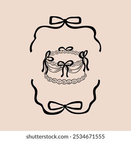 Wavy frame with black bows and holiday cake. Vector illustration in retro coquette aesthetic. Sketch style clipart for wedding, birthday, valentines day