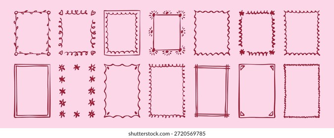 Wavy frame border pink romantic doodle hand drawn icon. Outline drawing curly frame line clipart symbol. Vector illustration