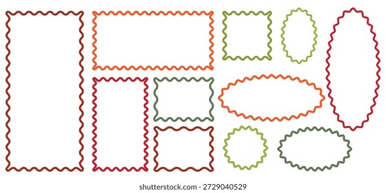 Conjunto de borde de marco ondulado. Colección de marcos ondulados rectangulares y ovalados. Coloridas Formas en zigzag. Conjunto de marco de borde ondulado. Marcos de garabato de color. 