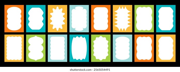 Wavy frame borders. Scallop shape line picture frames. Vector colorful wave rectangle bg set. Kid graphic wiggly backgrounds. Fun A4 size proportional groovy 60s squiggly zigzag text frame collection