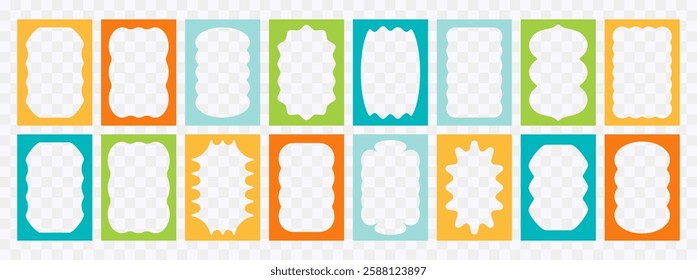 Wavy frame borders. Scallop shape line picture frames. Vector colorful wave rectangle bg set. Kid graphic wiggly backgrounds. Fun A4 size proportional groovy 60s squiggly zigzag text frame collection