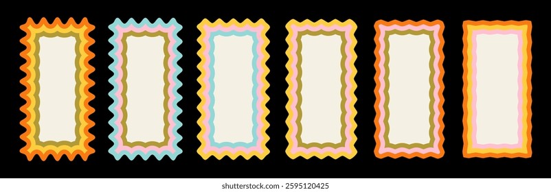 Wavy frame borders. Scallop shape line picture frames. Vector colorful wave rectangle bg set. Kid graphic wiggly backgrounds. Fun A4 size proportional groovy 60s squiggly zigzag text frame collection