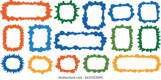 Wavy frame borders. Scallop shape line picture frames. Vector colorful wave rectangle bg set