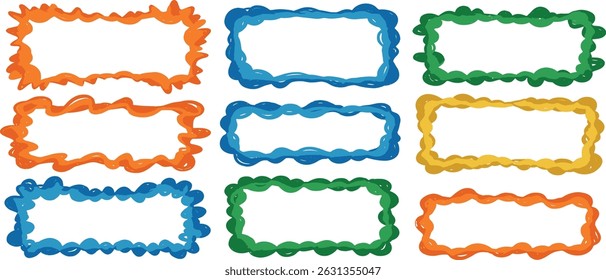Wavy frame borders. Scallop shape line picture frames. Vector colorful wave rectangle bg set