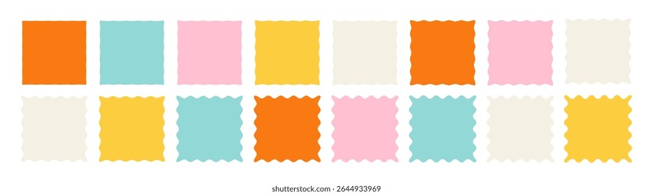 Wavy frame borders. Scallop shape line picture frames. Vector colorful wave square bg set. Kid graphic wiggly backgrounds. Fun retro style groovy 60s squiggly zigzag text frame collection