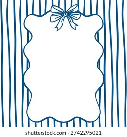 Wavy frame with a bow and a striped background. Hand drawn vector illustration in line art style. Monochrome clip art for greeting cards, invitations and holiday banners.