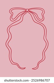 Wavy frame with a bow. Vector outline illustration in coquette aesthetic. Greeting card template with hand drawn ribbon. Holiday clipart in retro sketch style.