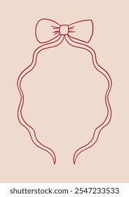 Wavy frame with a bow. Vector outline illustration in coquette aesthetic. Greeting card template with hand drawn ribbon. Holiday clipart in retro sketch style