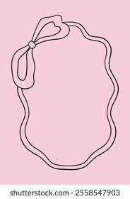 Wavy frame with a bow. Vector outline illustration in coquette aesthetic. Greeting card template with hand drawn ribbon. Holiday clipart in retro sketch style