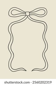 Wavy frame with a bow. Vector outline illustration in coquette aesthetic. Greeting card template with hand drawn ribbon frame. Holiday clipart in retro sketch style
