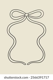 Wavy frame with a bow. Vector outline illustration in coquette aesthetic. Greeting card template with hand drawn ribbon frame. Holiday clipart in retro sketch style
