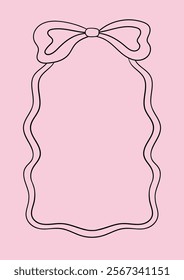 Wavy frame with a bow. Vector outline illustration in coquette aesthetic. Greeting card template with hand drawn ribbon frame. Holiday clipart in retro sketch style