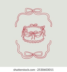 Quadro ondulado com arcos e bolo de férias. Ilustração vetorial em estética retro coquette. Clipart de estilo de esboço para casamento, aniversário, dia dos namorados