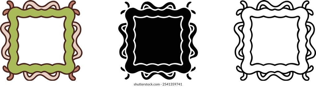 Variantes de diseño de marco ondulado en negro, blanco y color