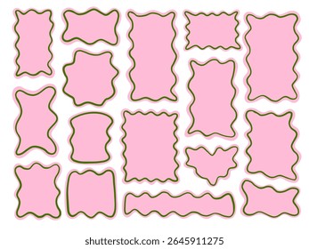 Moldura ondulada e forma do rótulo cor-de-rosa pastel. Uma coleção divertida de dezesseis etiquetas abstratas e formas de moldura com bordas onduladas e preenchimento rosa pastel contornado. Perfeito para cartões de cabeçalhos de embalagem de adesivos