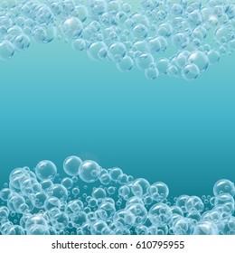 Wavy frame of realistic water bubbles. Shampoo or soup foam curvy line. Template for web site background, flyer, banner. Good for greeting card and party invitation. Aqua park, swimming pool, diving.