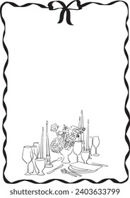 Plantilla de marco ondulado con arco e ilustración de mesa con gafas y velas. Marco de estilo de esbozo minimalista. Ilustración de moda para invitación, menú, celebración o evento social con fondo blanco