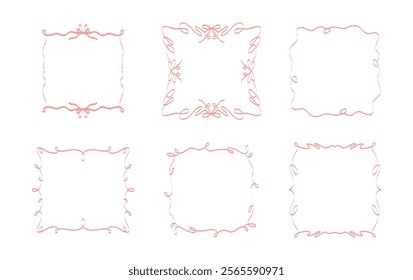 wavy frames borders, vintage coquette ribbons collection. Minimalist aesthetic hand drawn clip art.