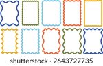 Wavy frames. Curvy border, smooth zigzag scalloped frame and rectangle shapes with wave edge. Retro decorative squiggly card borders vector set with editable stroke paths.