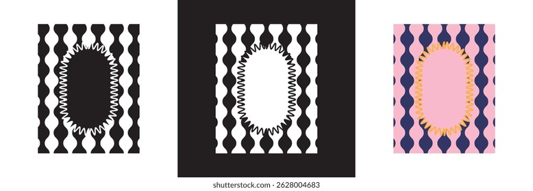 Wavy Frames with Scallop Borders. Abstract Frame Boxes on Cute Groovy Patterns. Vector illustration. isolated on white and black background. EPS 10