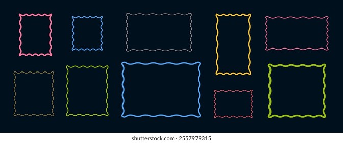 Wavy frames set, colorful modern zigzag borders. Squiggly shapes design.