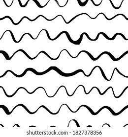 Wavy freehand lines vector seamless pattern. Horizontal brush strokes, stripes and waves. Doodle curl lines. Black paint hand drawn background. Trendy monochrome texture with hand drawn doodle strokes