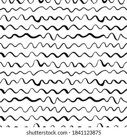 Wavy freehand lines vector seamless pattern. Horizontal brush strokes, stripes and waves. Doodle curl lines. Black paint hand drawn background. Trendy monochrome texture with hand drawn doodle strokes