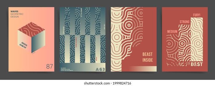 Wavy Geometric Gradient Poster Design Template Set. Best for poster, web art, brochure, book cover. Asian waves dragon pattern with geometric elements and abstract wavy lines. Vector background set.