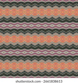 Patrón geométrico ondulado con vibrantes tonos naranja, rosa y negro en un diseño simétrico sin fisuras. De estilo atrevido y retro.