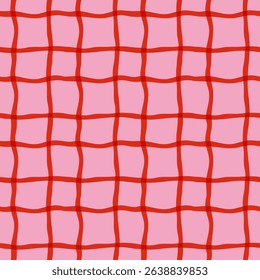 Wavy gingham-style seamless pattern in red and pink with hand drawn grid lines. Evokes a cozy cottagecore aesthetic with vintage charm and playful texture