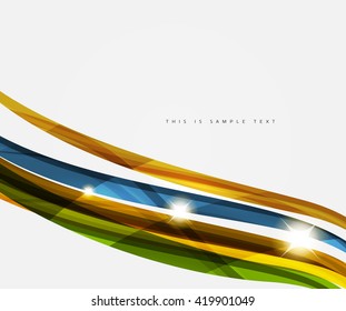 Wavy glossy futuristic swirl - color curve stripes and lines in motion concept and with light and shadow effects. Presentation banner and business card message design template
