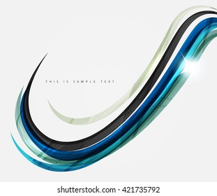 Wavy glossy futuristic swirl - color curve stripes and lines in motion concept and with light and shadow effects. Presentation banner and business card message design template