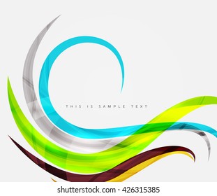 Wavy glossy futuristic swirl - color curve stripes and lines in motion concept and with light and shadow effects. Presentation banner and business card message design template