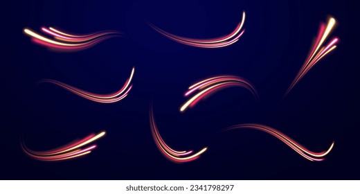 Wavy glow bright smooth curved lines. Optic fiber glow and magic bright light in motion curve. Light wave with trail path, color neon glowing flash trace. Movement of magical glow energy flow vector.