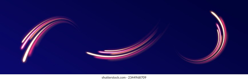 Wavy glow bright smooth curved lines. Optic fiber glow and magic bright light in motion curve. Light wave with trail path, color neon glowing flash trace. Movement of magical glow energy flow vector.