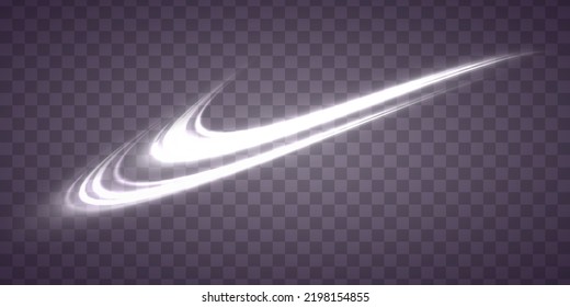 Wavy glowing white line of speed. Magic light trail of glittering comet tail. Luminous neon shape wave twirl. Neon blurry lines at motion. Glitter glow waves and sparkling flare tails. Vector illustra