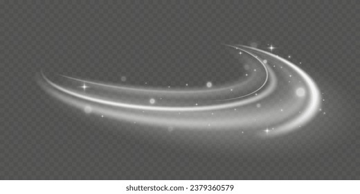 Wavy glowing white line of speed. Magic light trail of glittering comet tail. Luminous neon shape wave twirl. Neon blurry lines at motion. Glitter glow waves and sparkling flare tails. Vector