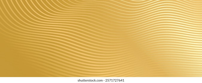 Wavy gold background with a smooth texture. The background features gold lines creating a dynamic pattern on a gold surface. Modern wavy line pattern background. Gold background vector.