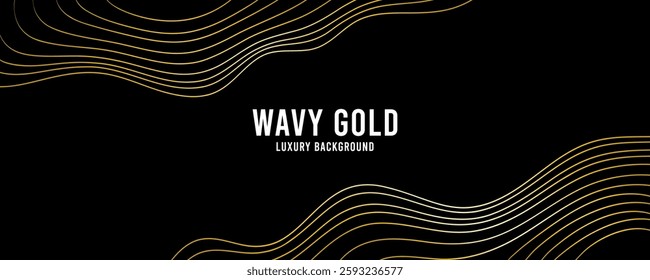 Wavy golden background. Gold wave pattern with stripes or lines. Abstract black background with golden topographic or tree rings texture. Template for banners, poster and other design. Vector.